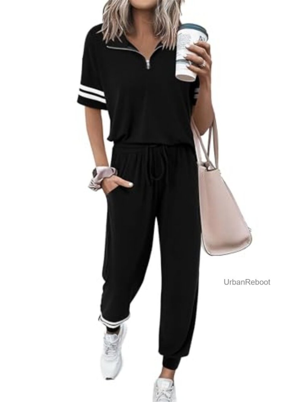 Women's 2 Piece Lounge Set Quarter Zip Jogger Sweatsuit Short Sleeve